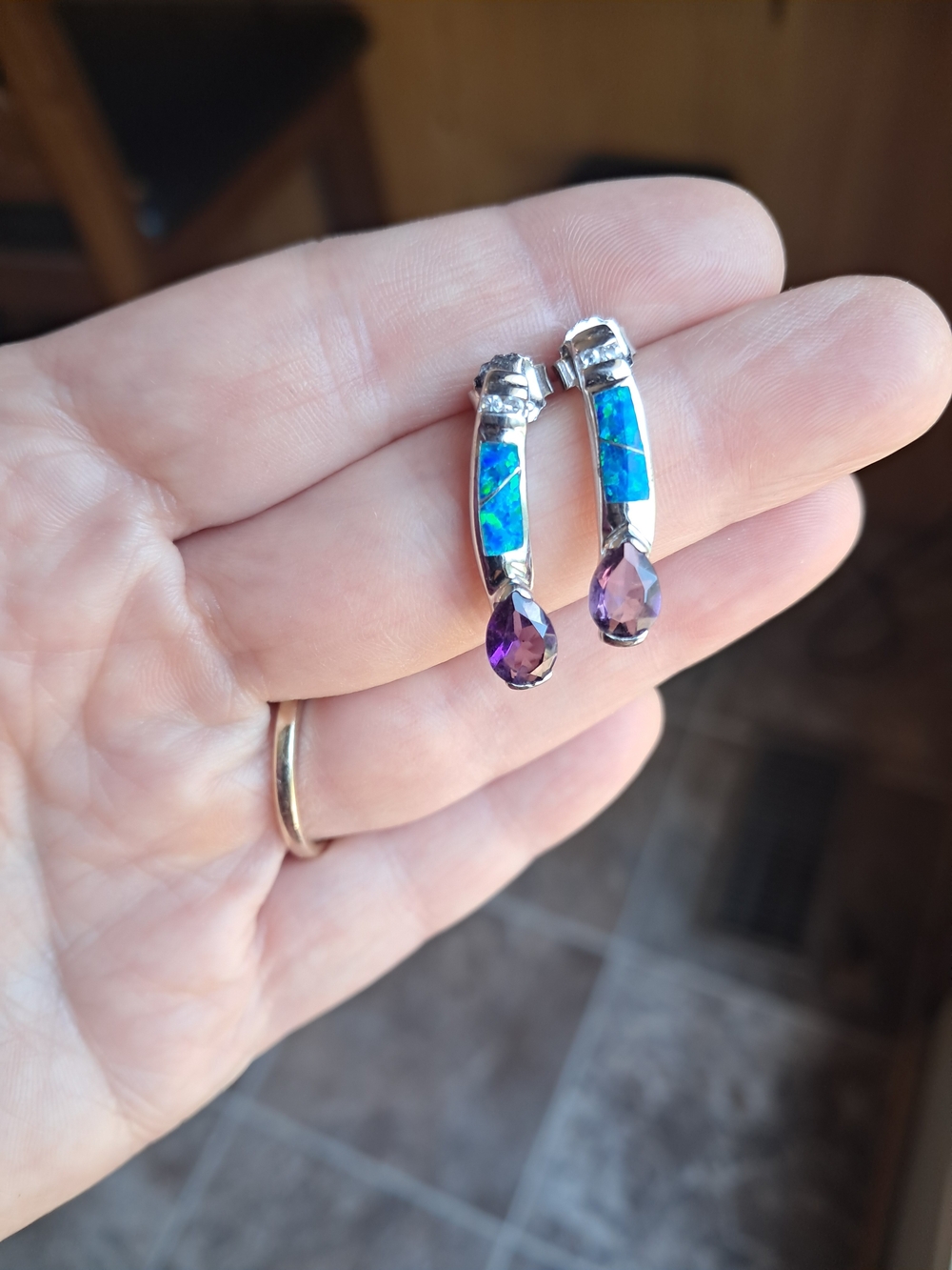 Anne Klein Silver Earrings with Blue Opal Inlay and Purple Teardrops